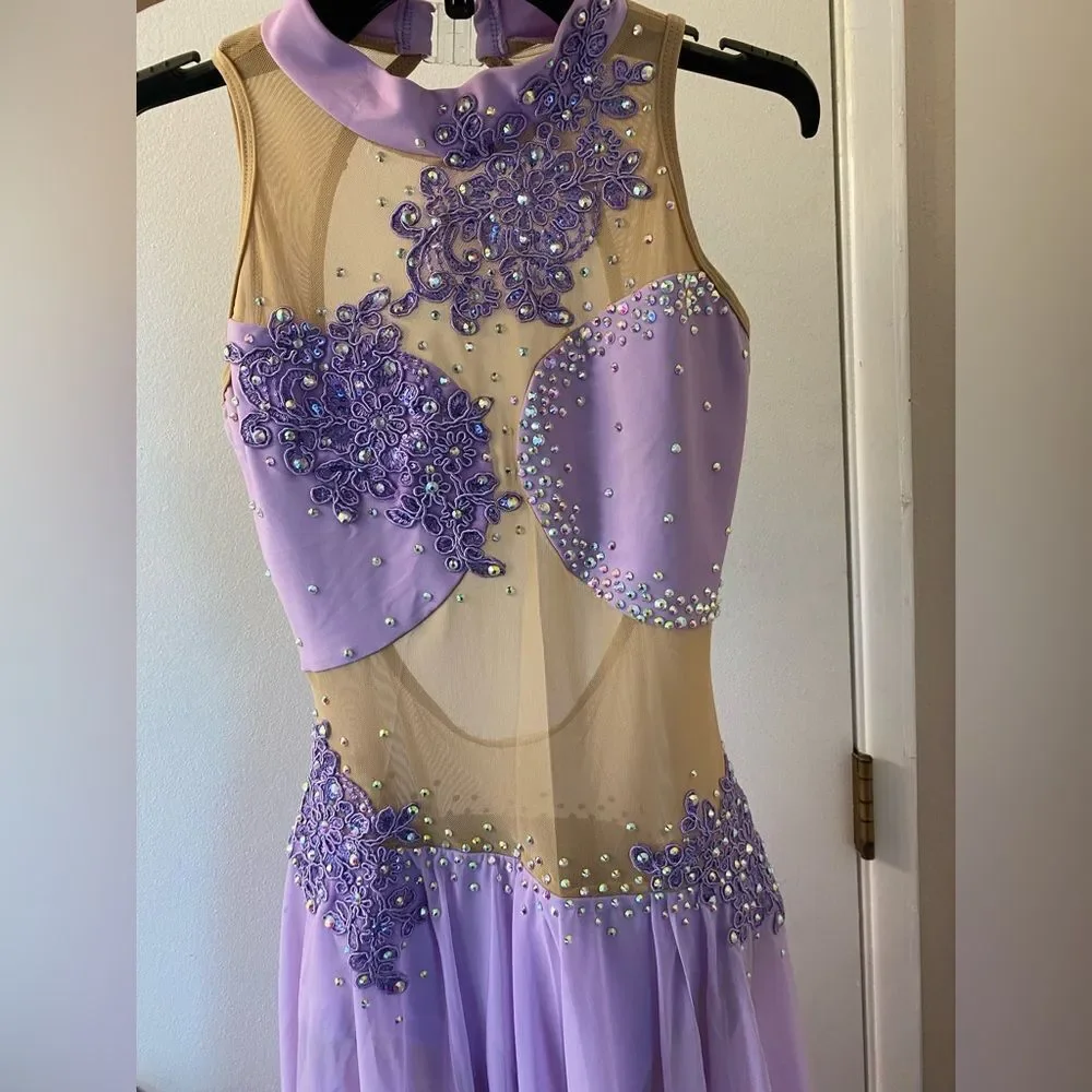 Custom solo dance costume lavender purple illusion leotard maxi dress stoned MA